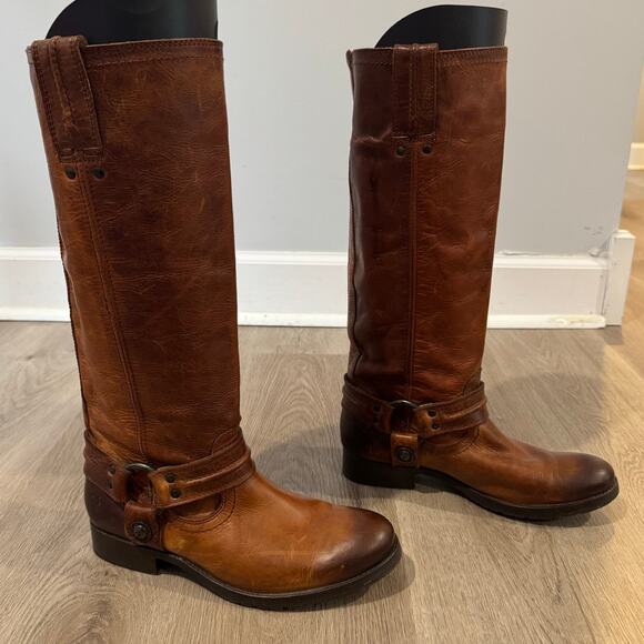 Frye Brown Leather Harness Tall Riding Boots Round Toe Low Heel